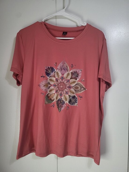 No Label Tops - Retro Graphic T Shirt Pink Short Sleeved Floral XL